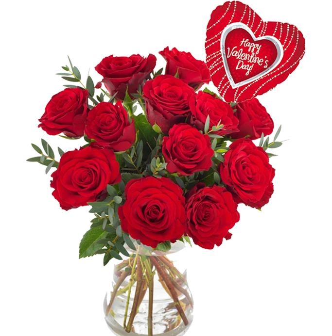 12 Red Roses Bouquet With Valentines Balloon Flowers Delivery 4 U
